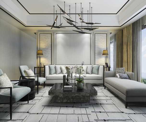 3d renderizado pared clásica de lujo en sala de estar con sofá y lámpara de araña
 - Foto, imagen