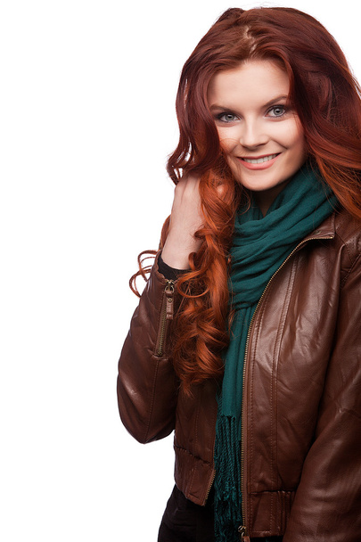 Teenager girl beautiful red hair cheerful enjoying isolated - Foto, Imagen
