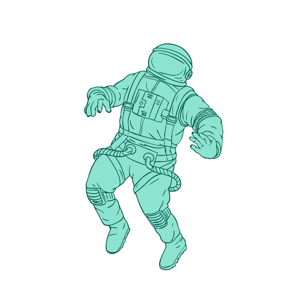 Drawing sketch style illustration of an astronaut, cosmonaut or spaceman floating in space on isolated background. - Photo, image