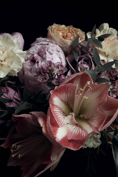 Beautiful bouquet of different flowers on black background. Floral card design with dark vintage effect - Φωτογραφία, εικόνα