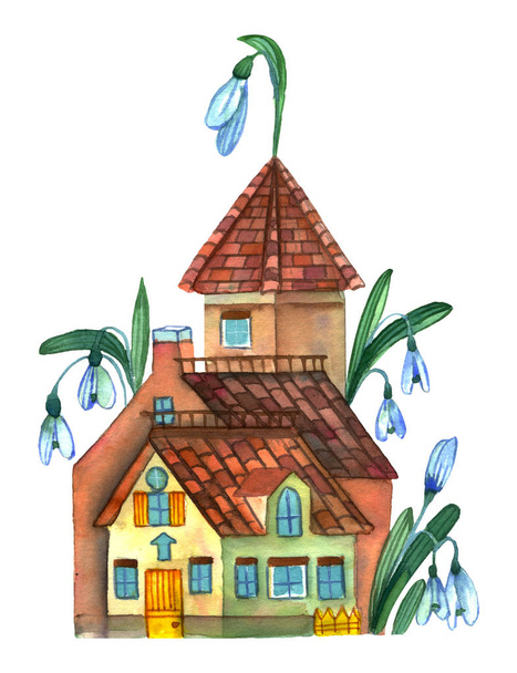 Fantastic watercolor fairytale house illustration - Photo, Image