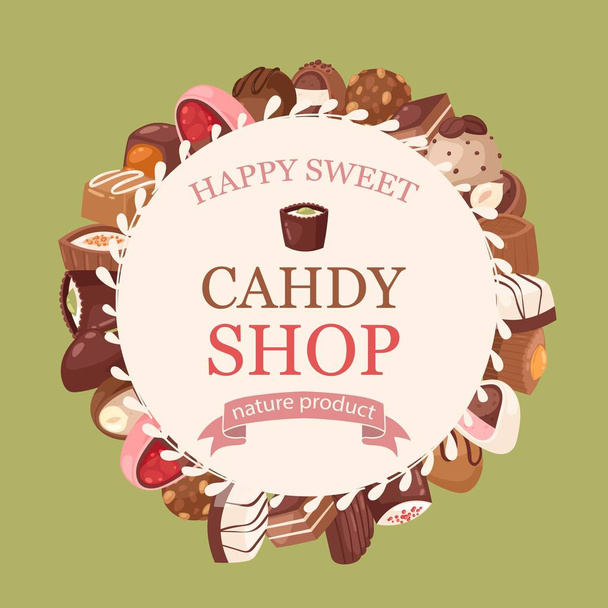 Chocolade zoete ronde frame met snoep, truffels en typografie in roze en bruine kleuren vector illustratie. Suiker- en snoepwinkel met chocolade. - Vector, afbeelding