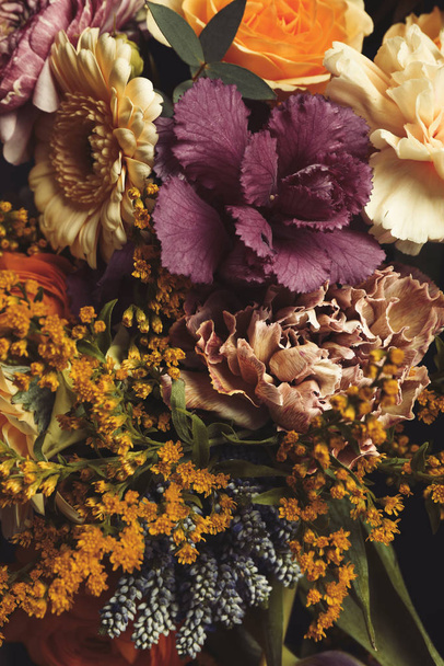 Beautiful bouquet of different flowers, closeup. Floral card design with dark vintage effect - Foto, Bild