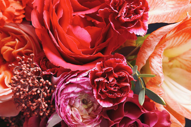 Beautiful fresh bouquet as background, closeup. Floral decor - Foto, imagen