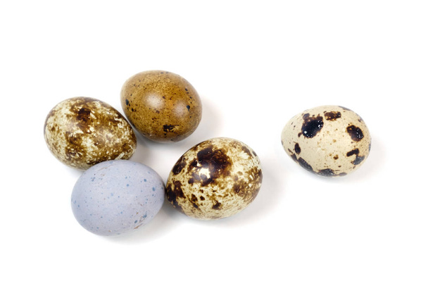 Пятнистые перепелиные яйца на белой поверхности
 - Фото, изображение