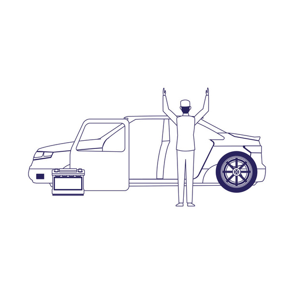 Car mechanic standing and car body and battery, flat design - Vector, Image