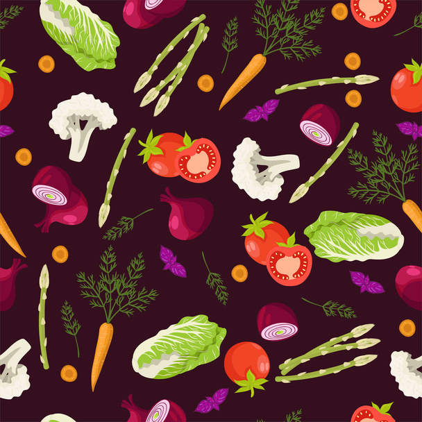 Seamless pattern with different vegetables. Vector graphics. - Vektör, Görsel