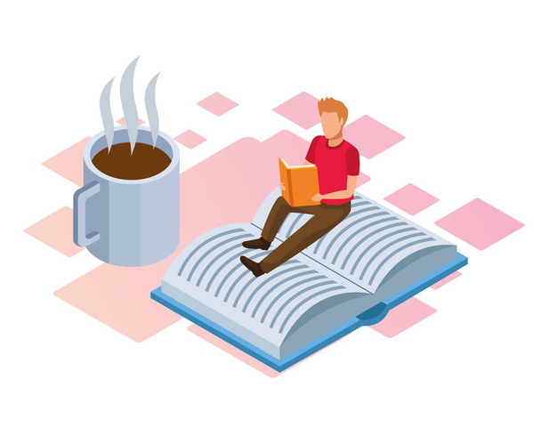 Kaffeebecher und Mann beim Lesen auf einem Buch sitzend - Vektor, Bild