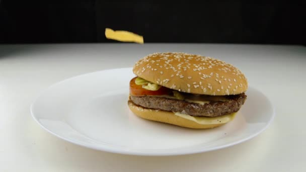 smażone chipsy ziemniaczane spadające na hamburgera slow motion fast food fast food junk food concept  - Materiał filmowy, wideo