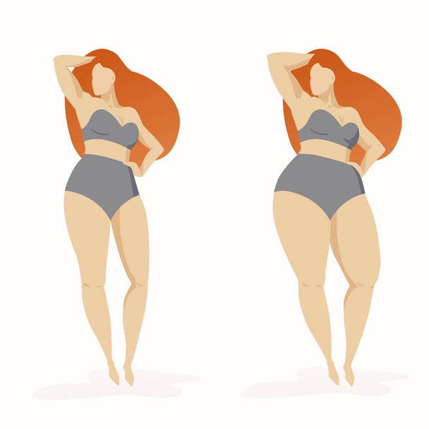 zwei dicke und dünne Frauen mit unterschiedlichen Figuren. Fett verlieren, vor und nach dem Abnehmen. Mädchen mit roten Haaren im grauen Bikini. isoliert auf weißem Hintergrund. weiblicher Charakter in jedem Körper schön - Vektor, Bild