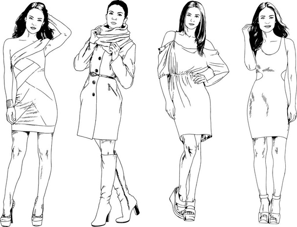vector drawings on the theme of beautiful slim sporty girl in casual clothes in various poses painted ink hand sketch with no background - Vector, Image