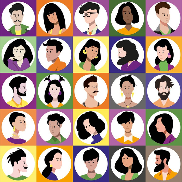 Icon set of portraits of men and women of different ages and different racial backgrounds. Flat vector illustration. - Vector, Image