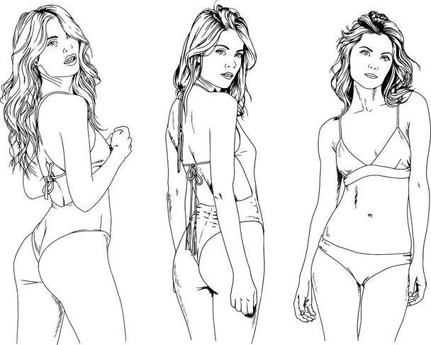 vectortekeningen schetsen van mooie meisjes blondjes in zwemkleding in seksuele houdingen in inkt met de hand getekend, objecten met geen achtergrond - Vector, afbeelding