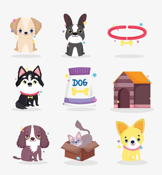 χαριτωμένα σκυλιά κουτάβι κολάρο τροφίμων σπίτι κατοικίδιων ζώων κινουμένων σχεδίων, συλλογή κατοικίδιων ζώων - Διάνυσμα, εικόνα