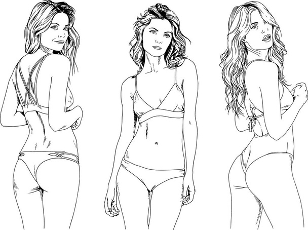 vector drawings sketches beautiful girls blondes in swimsuits in sexual poses drawn in ink by hand , objects with no background - Vector, Image