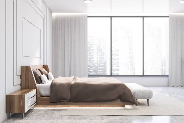 Panoramic white master bedroom, side view - Fotografie, Obrázek
