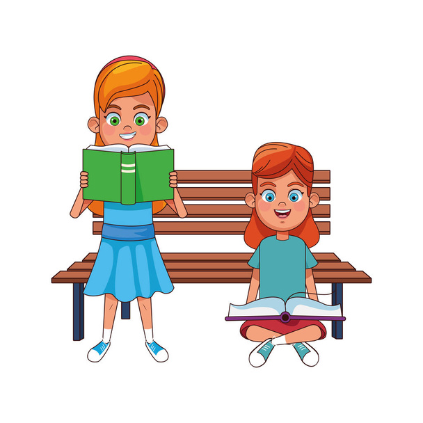 rajzfilm lányok olvasás könyvek és park pad, színes design - Vektor, kép