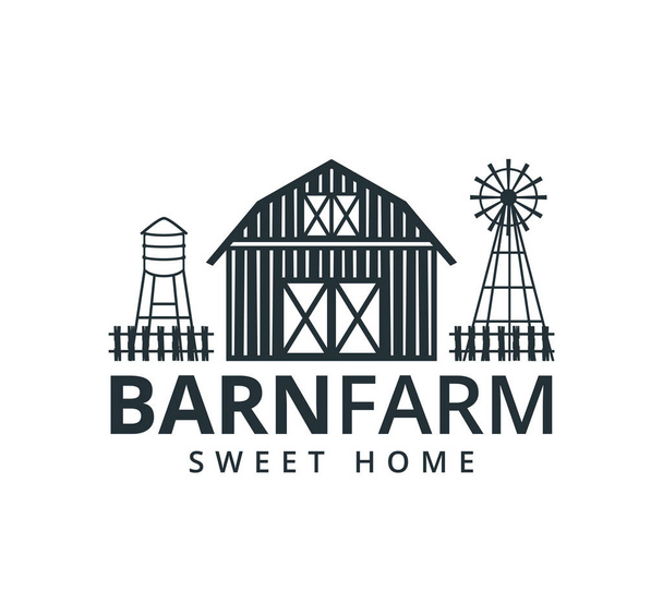 backyard barn farm house storage hangar with fence windmill and water torrent tower vector logo design - Vector, Image