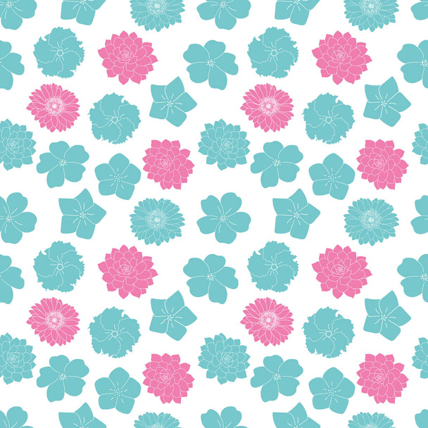 Vector pink and blue lineart flowers seamless pattern white background - Вектор,изображение