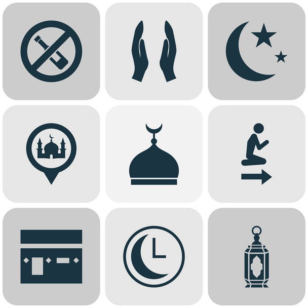 Religion icons set with dua, kaaba, clock and other worship elements. Isolated illustration religion icons. - 写真・画像