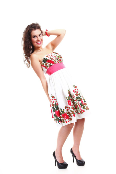 Fashion young woman in summer dress on white - Zdjęcie, obraz