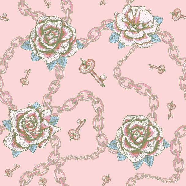 Chain and roses luxury pattern in retro luxury style on golden background. Textile design. Modern style. Beauty style. Baroque pattern texture vector. - Vector, Image