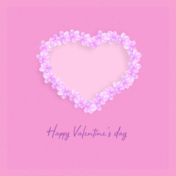 Corazón formado por flores primaverales sobre fondo rosa. Feliz día de San Valentín fondo
. - Foto, imagen