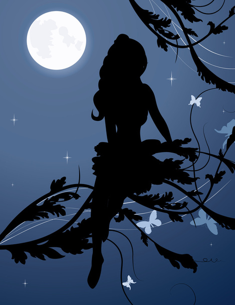 Fairy silhouette in night sky - Vector, Image