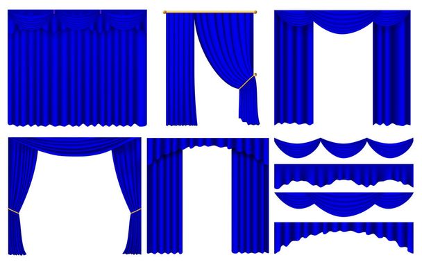 Ρεαλιστικές μπλε κουρτίνες με μεμονωμένες εικόνες από πολυτελείς κουρτίνες με διάφορα σχήματα. Μπλε πολυτελείς κουρτίνες και κουρτίνες σε λευκό φόντο. Φόντο με πολυτελή μπλε μεταξωτές κουρτίνες - Διάνυσμα, εικόνα