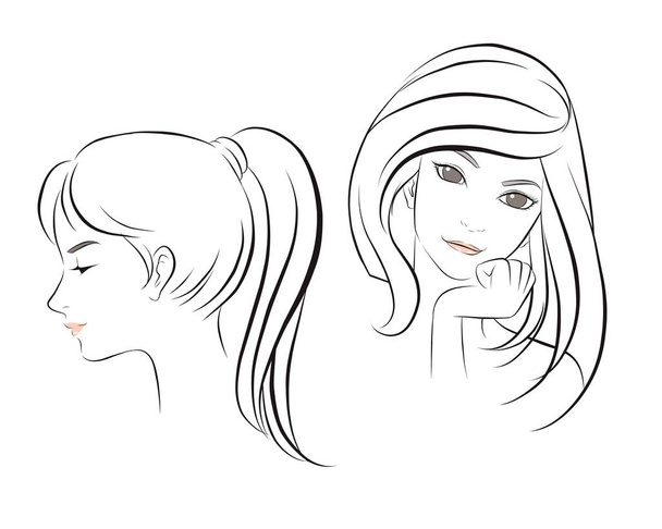 Mädchen Gesicht lange Haare Porträt isoliert auf weißem Hintergrund. handgezeichnete Vektor-Illustration - Vektor, Bild