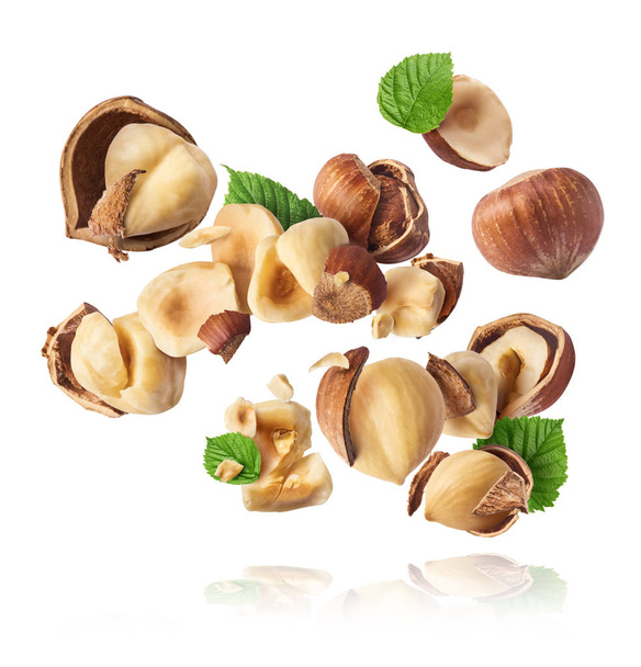Hazelnuts crushed into pieces, frozen in the ai - Photo, Image
