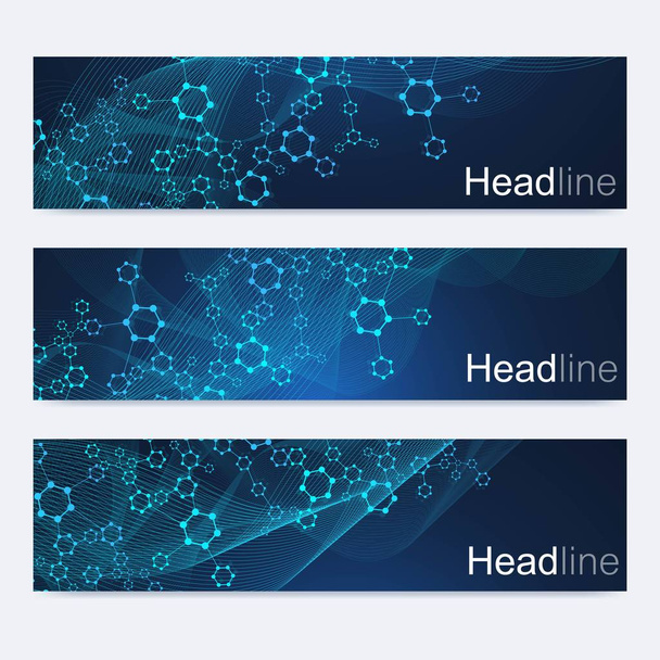 Scientific set of modern vector banners. DNA molecule structure with connected lines and dots. Scientific and technology concept. Wave flow graphic background for your design. Vector illustration. - Vector, afbeelding