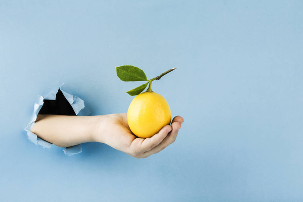 Een rijpe citroen met een tak en bladeren in de hand uit het gat  - Foto, afbeelding