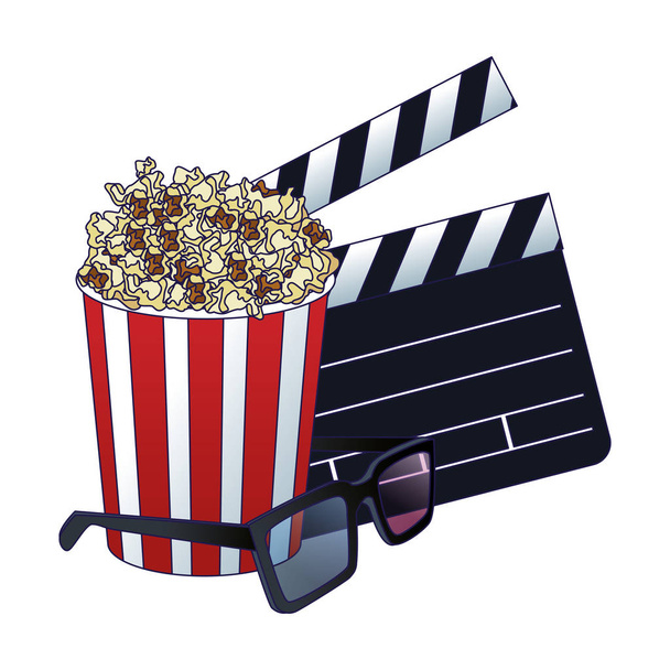 3D-s szemüveg clapboard és popcorn csíkos tál ikon - Vektor, kép