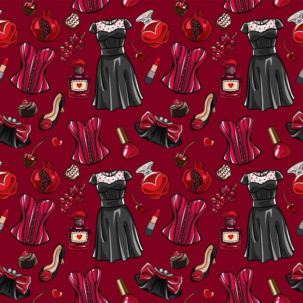 Valentýnský hladký vektorový vzorec. Módní šaty, korzet, taška, rybíz, granátové jablko, parfém, lak na nehty, srdce, cukroví. Červená a černá. Romantická módní ilustrace, dárkové balení, potisk textilu - Vektor, obrázek