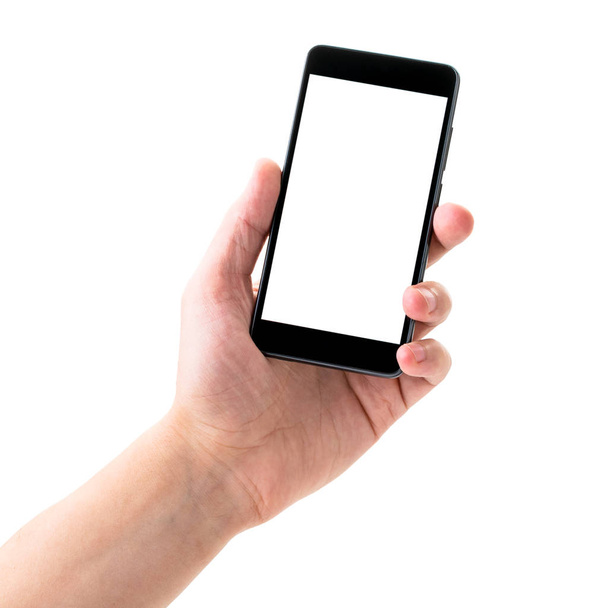 Phone in the persons hand on a white background, space for text,. Isolated - Photo, Image