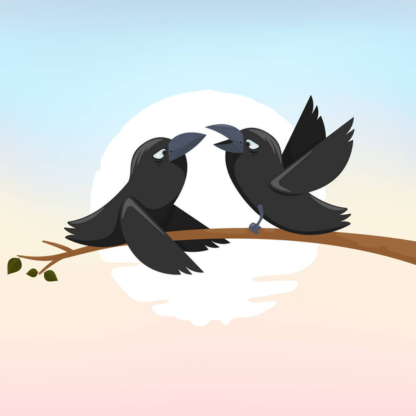 Vector illustration of two ravens on a branch  - Вектор,изображение