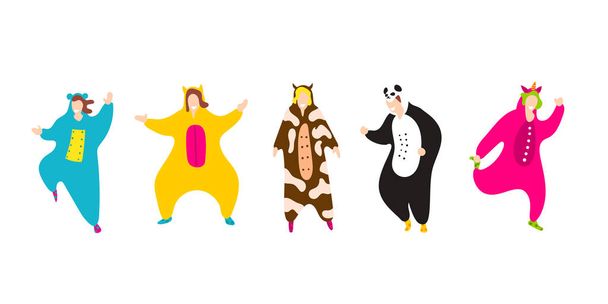 Pyjama-Party. glückliche Freunde im Pyjama-Kostüm isoliert - Vektor, Bild