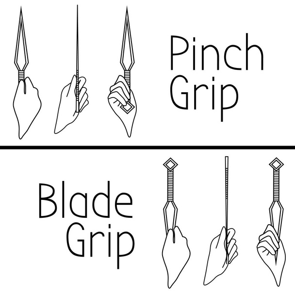 Pinch grip and blade grip of throwing knife, kunai - Vector, Image