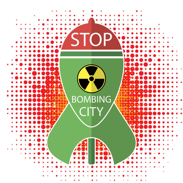 No War Sign. Green Atomic Bomb with Radiation Sign. Nuclear Rocket. Explode Flash, Cartoon Explosion, Nuclear Burst. - Vector, Image