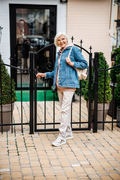 Ευτυχής ηλικιωμένη γυναίκα στην πύλη σε σπίτι φωτογραφία αρχείου - Φωτογραφία, εικόνα