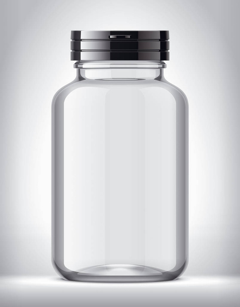 Fles voor pillen op de achtergrond. Transparante versie Zwarte dop.  - Foto, afbeelding