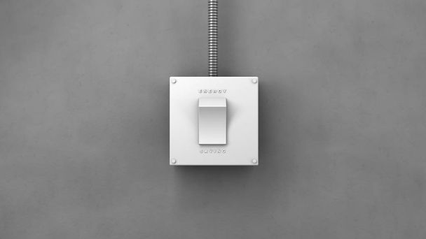 3D Rendering, Realistic of lighting switch, white color plastic material, with energy and saving text, installed on the grey cement wall, turn off the light for saving the energy concept. - Fotoğraf, Görsel