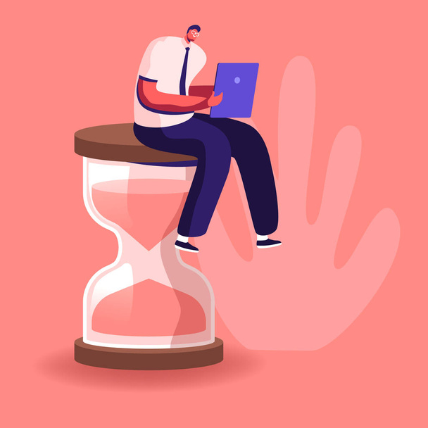 Procrastination in Business Process Concept. Businessman Sitting on Hourglass with Laptop in Hands. Time Management, Multitasking, Working Productivity Infographics Cartoon Flat Vector Illustration - Vector, Image