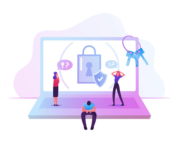 Sad Confused Man Sitting near Huge Laptop with Padlock and Shield on Screen Trying to Remember Lost Password for Profile and Account in Internet. Woman Holding Head Cartoon Flat Vector Illustration - Vector, Image