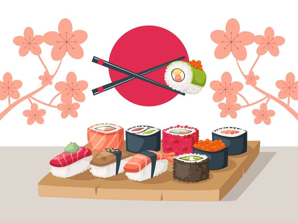 Εστιατόριο σούσι σερβίρει, διανυσματική απεικόνιση. Ασιατικό μενού τροφίμων, φυλλάδιο διαφημίσεων σούσι, ιαπωνικό φυλλάδιο θαλασσινών. Διάφορα είδη ρολών - Διάνυσμα, εικόνα