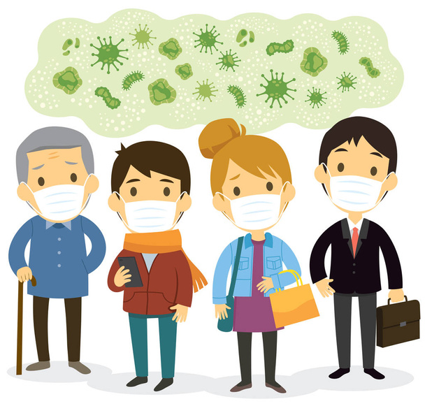 Group of people wearing face masks and worry about viruses and contagious diseases. - Vector, Image