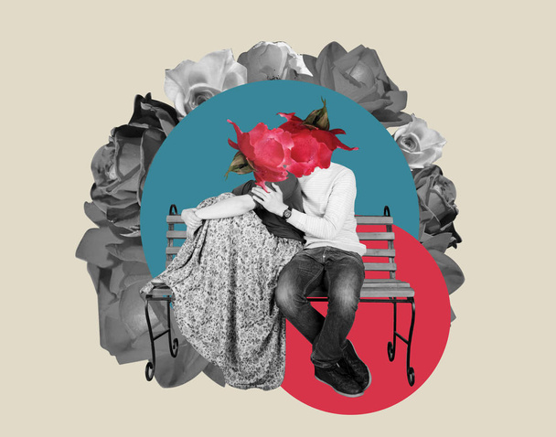 Lovely couple with roses instead heads sit on the bench - 写真・画像