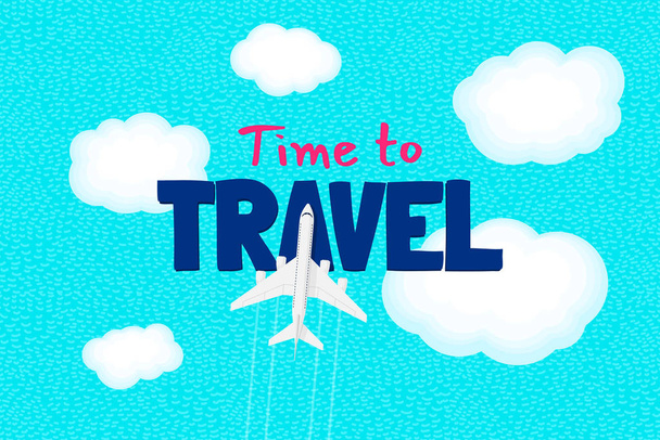 Time to travel begins motivation text and flight airplane on sky above world ocean. Tourist traveler inspiration quote lettering greeting card design template. Vector journey illustration - Vector, Image