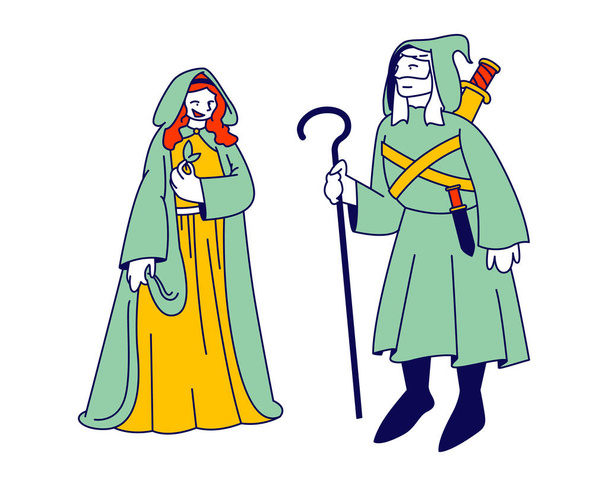 Keskiaikainen merkkiä mies ja nainen yllään muinainen pitkä mekko huppu päähän. Mieshenkilö Holding henkilökunta, Nainen vihreät lehdet kädessä, Fairy Tale sarjakuva tasainen vektori kuvitus, Line Art
 - Vektori, kuva